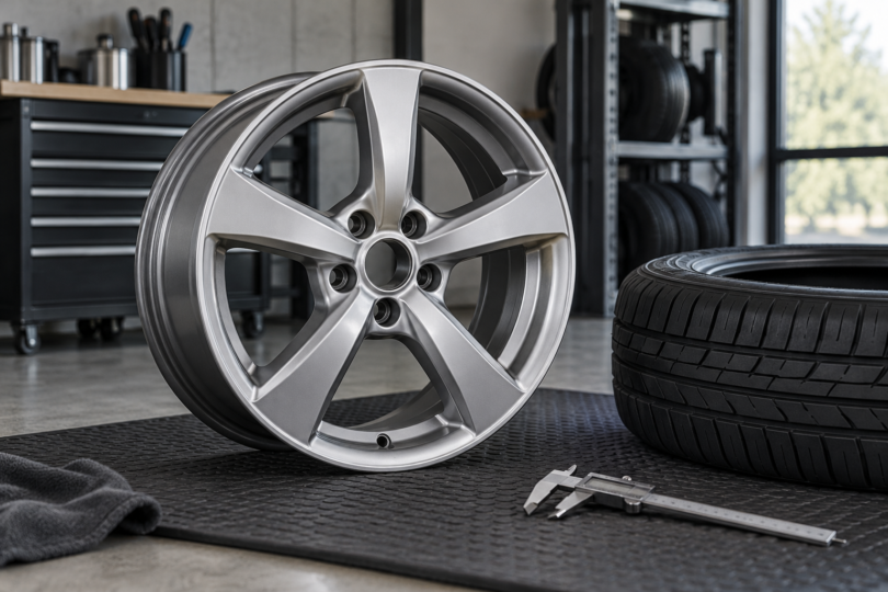 Unbranded silver alloy wheel, tire and measuring caliper in a workshop