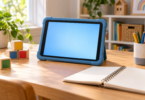 A tablet with a blank blue screen in a blue protective case sits on a wooden desk beside colored blocks, pencils and an open notebook.