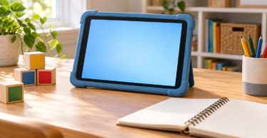 A tablet with a blank blue screen in a blue protective case sits on a wooden desk beside colored blocks, pencils and an open notebook.