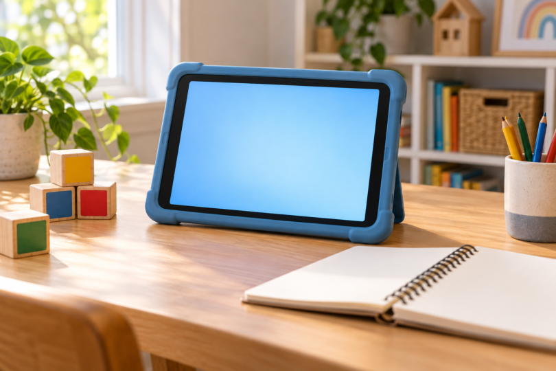 A tablet with a blank blue screen in a blue protective case sits on a wooden desk beside colored blocks, pencils and an open notebook.