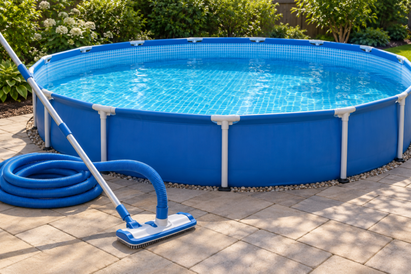 A manual vacuum head, aluminum pole and coiled blue hose on dry paving beside a round blue above-ground pool.
