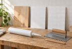 Three wood and white panel samples stand behind an unbranded adhesive cartridge, a notched trowel and a pencil on a workbench.