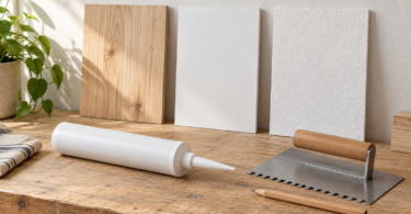 Three wood and white panel samples stand behind an unbranded adhesive cartridge, a notched trowel and a pencil on a workbench.