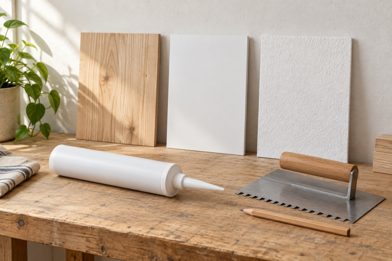Three wood and white panel samples stand behind an unbranded adhesive cartridge, a notched trowel and a pencil on a workbench.