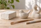 Illustration of a white clay block, a bird sculpture and an abstract sculpture with modeling tools on a wooden table