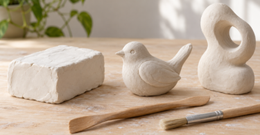 Illustration of a white clay block, a bird sculpture and an abstract sculpture with modeling tools on a wooden table
