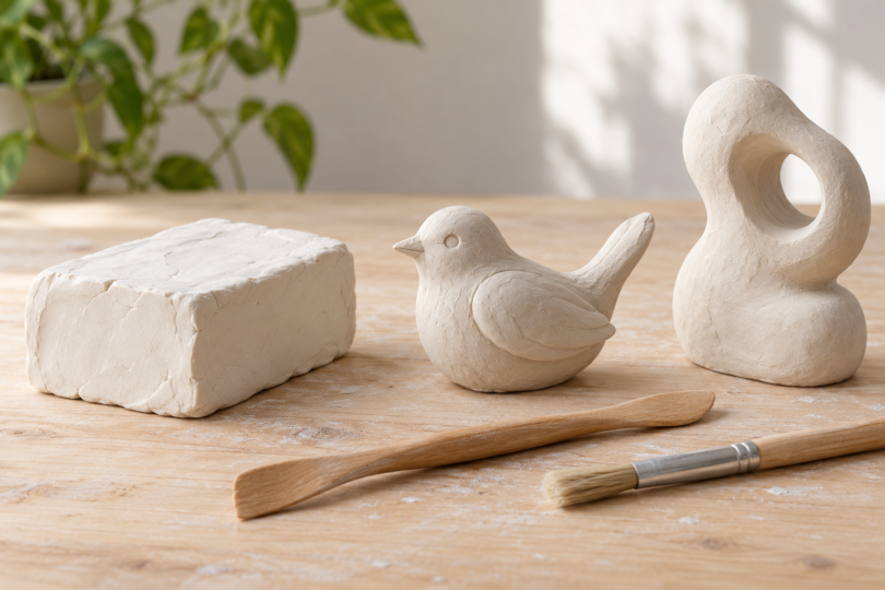 Illustration of a white clay block, a bird sculpture and an abstract sculpture with modeling tools on a wooden table