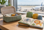 A cloth activity book, three nesting cups and an open fabric pouch on an airport lounge table with an airplane beyond the window.