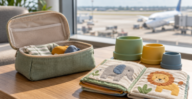 A cloth activity book, three nesting cups and an open fabric pouch on an airport lounge table with an airplane beyond the window.