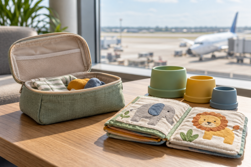 A cloth activity book, three nesting cups and an open fabric pouch on an airport lounge table with an airplane beyond the window.