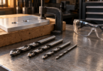 Four generic twist drill bits lie on a workbench beside safety glasses and an aluminum plate clamped onto a wooden backing board.