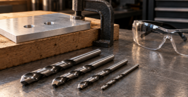 Four generic twist drill bits lie on a workbench beside safety glasses and an aluminum plate clamped onto a wooden backing board.