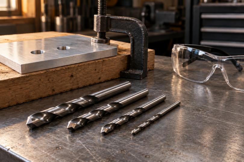 Four generic twist drill bits lie on a workbench beside safety glasses and an aluminum plate clamped onto a wooden backing board.