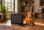 A honey-brown hollow-body electric guitar on a stand beside a plain dark combo amplifier and coiled cable on a wooden floor.