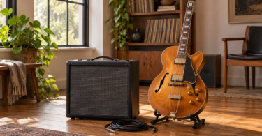 A honey-brown hollow-body electric guitar on a stand beside a plain dark combo amplifier and coiled cable on a wooden floor.