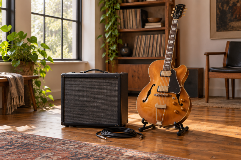 A honey-brown hollow-body electric guitar on a stand beside a plain dark combo amplifier and coiled cable on a wooden floor.