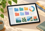 Illustration of a generic tablet displaying colorful folders, photo thumbnails and a storage ring on a desk beside a plant, books and a cup.