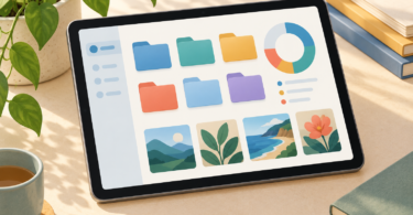 Illustration of a generic tablet displaying colorful folders, photo thumbnails and a storage ring on a desk beside a plant, books and a cup.