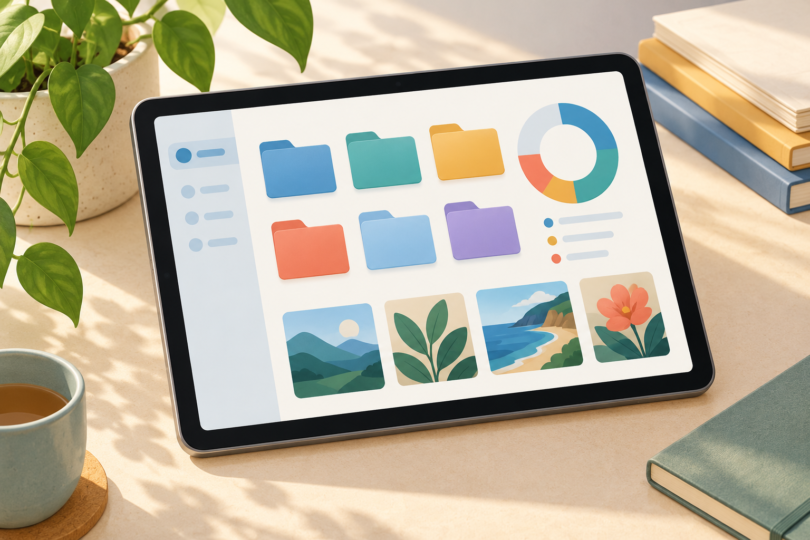 Illustration of a generic tablet displaying colorful folders, photo thumbnails and a storage ring on a desk beside a plant, books and a cup.