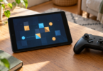 An unbranded tablet displaying geometric shapes sits beside a game controller on a wooden table.