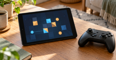 An unbranded tablet displaying geometric shapes sits beside a game controller on a wooden table.