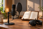 A black microphone with a pop filter and shock mount on a wooden desk beside headphones and an open book on a reading stand.