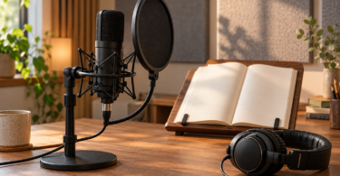 A black microphone with a pop filter and shock mount on a wooden desk beside headphones and an open book on a reading stand.