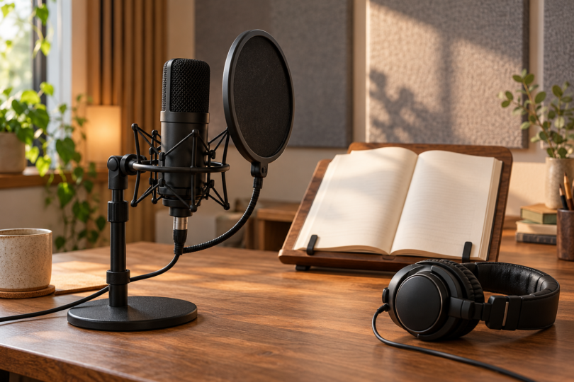 A black microphone with a pop filter and shock mount on a wooden desk beside headphones and an open book on a reading stand.