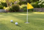 A plain yellow flag on a short white pole beside two golf balls on a backyard putting green