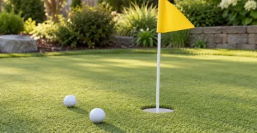 A plain yellow flag on a short white pole beside two golf balls on a backyard putting green