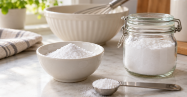 White powder in a bowl, glass jar and measuring spoon on a kitchen counter.