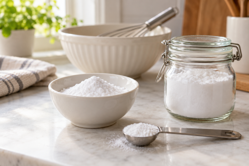 White powder in a bowl, glass jar and measuring spoon on a kitchen counter.