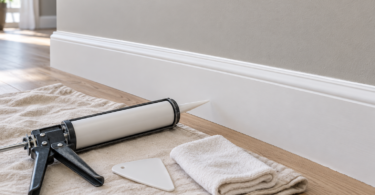 A white baseboard against a light wall, with an unbranded caulk gun, smoothing tool and folded cloth on a drop cloth.