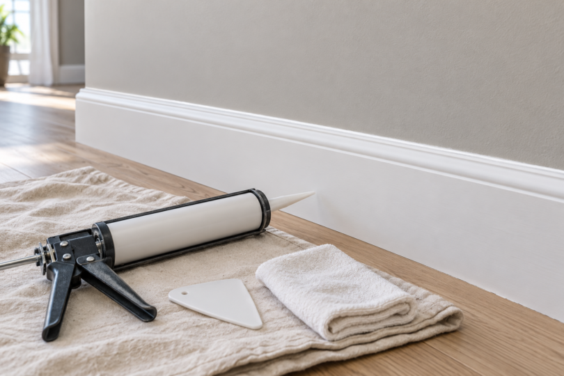 A white baseboard against a light wall, with an unbranded caulk gun, smoothing tool and folded cloth on a drop cloth.