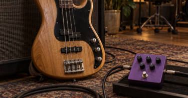 A four-string bass guitar beside an unbranded purple effects pedal in a rehearsal space.