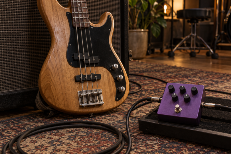 A four-string bass guitar beside an unbranded purple effects pedal in a rehearsal space.
