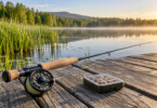 A fly rod with a cork handle and round reel beside a closed fly box on a lakeside dock.