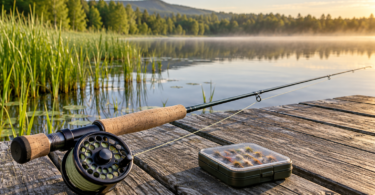 A fly rod with a cork handle and round reel beside a closed fly box on a lakeside dock.