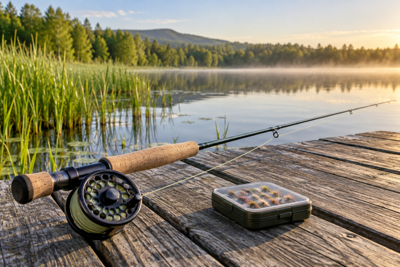 A fly rod with a cork handle and round reel beside a closed fly box on a lakeside dock.