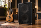 A generic black bass speaker cabinet beside a natural-wood bass guitar on a stand in a rehearsal room