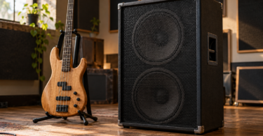 A generic black bass speaker cabinet beside a natural-wood bass guitar on a stand in a rehearsal room
