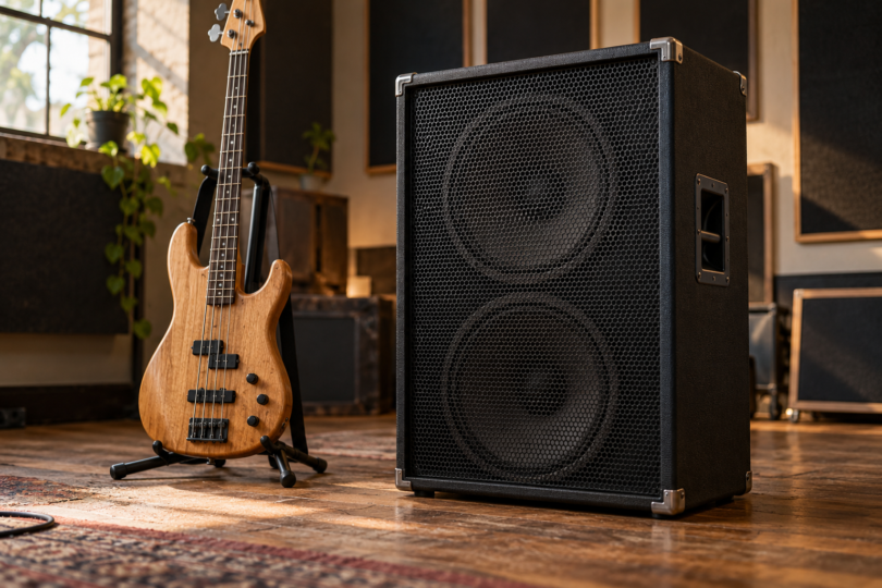 A generic black bass speaker cabinet beside a natural-wood bass guitar on a stand in a rehearsal room