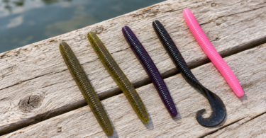 Five soft-plastic fishing worms in green, purple, black and pink lie on a wooden dock beside water.