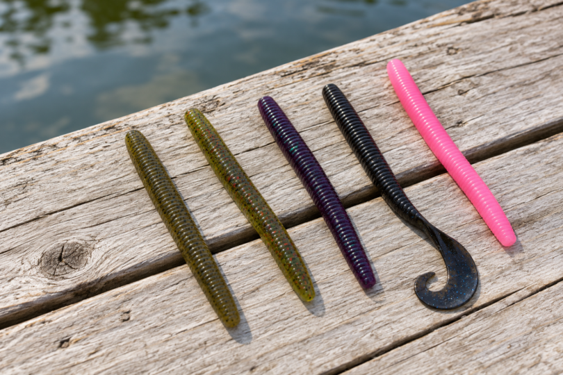 Five soft-plastic fishing worms in green, purple, black and pink lie on a wooden dock beside water.