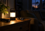 A battery lantern lighting a side table beside a flashlight and headlamp in a dark living room.