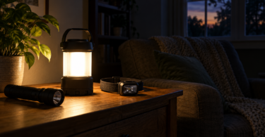A battery lantern lighting a side table beside a flashlight and headlamp in a dark living room.