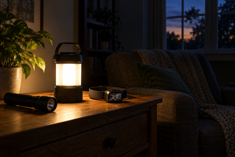 A battery lantern lighting a side table beside a flashlight and headlamp in a dark living room.