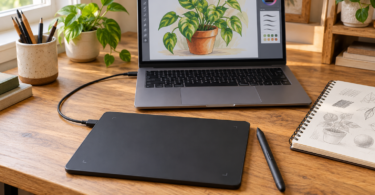 A screenless drawing tablet and stylus connected to a laptop displaying a plant illustration.