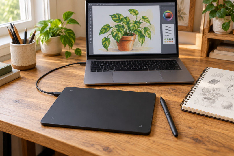 A screenless drawing tablet and stylus connected to a laptop displaying a plant illustration.