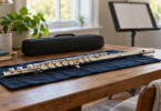A silver-colored concert flute rests on a dark blue cloth beside a closed case in a practice room.